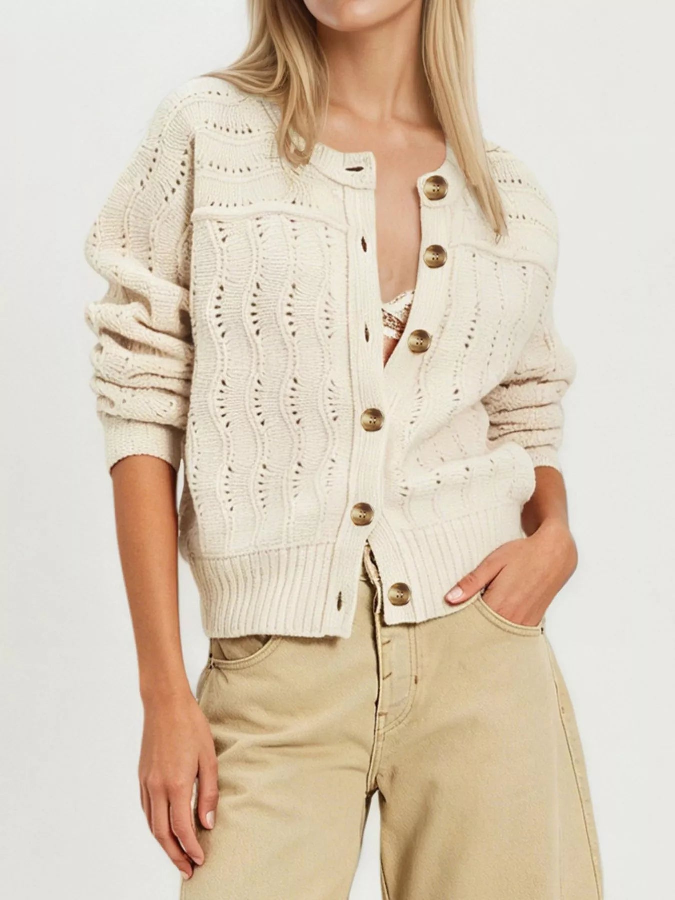 Openwork Button-Down Knit Cardigan