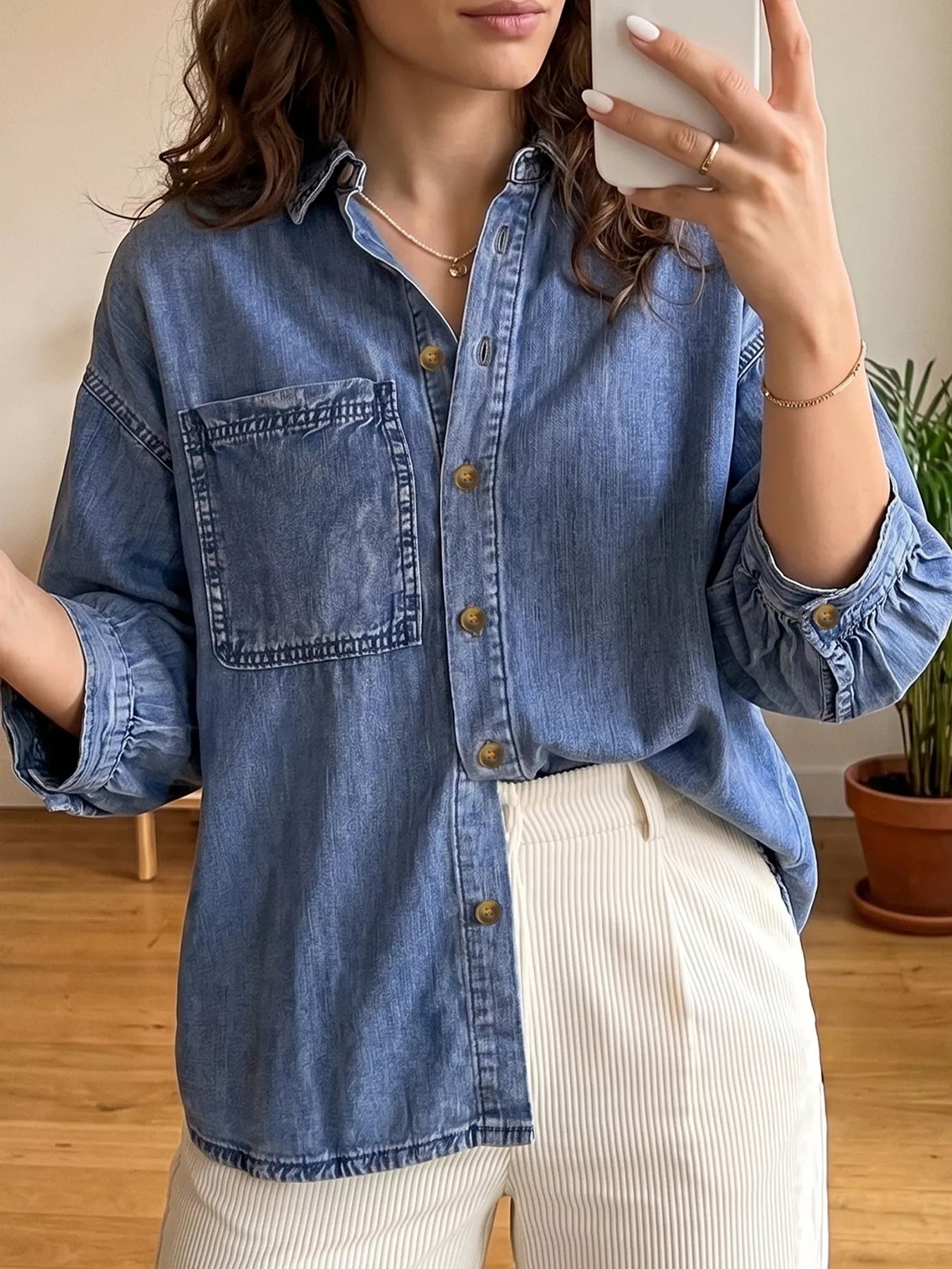 Three Quarter Sleeve Button Front Loose Denim Shirt