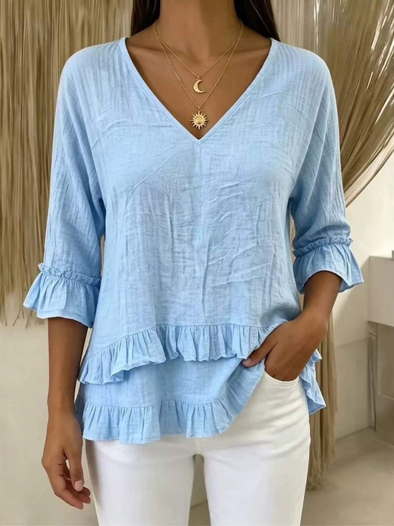 V-Neck Ruffle Sleeve Top