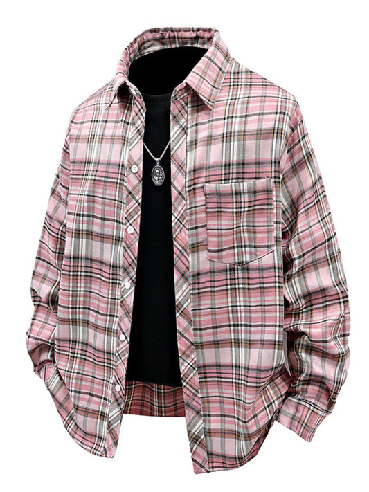 Men's Full Size Casual Plaid Long Sleeve Shirt Plus Size