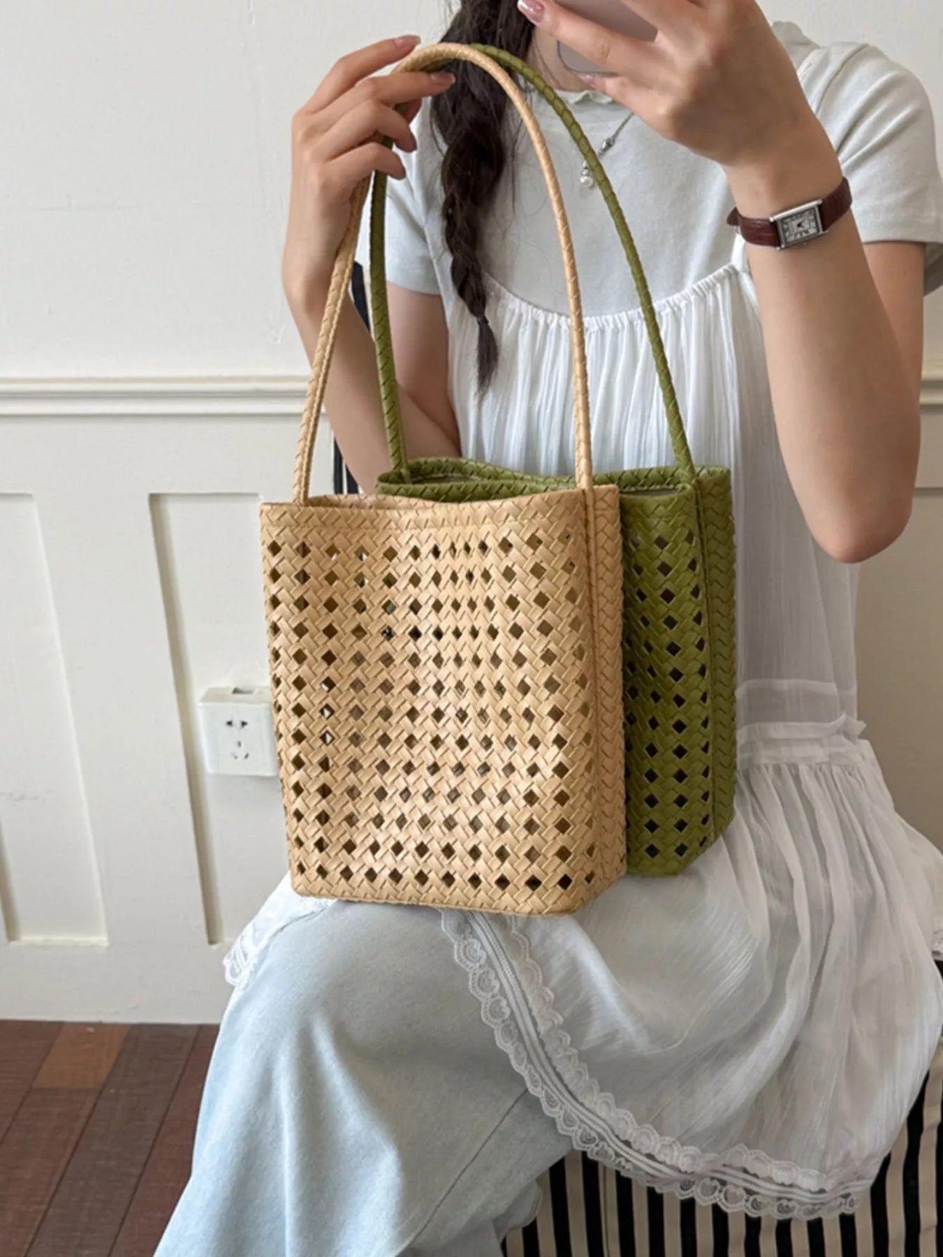 Woven Leather Handbag with Matching Pouch