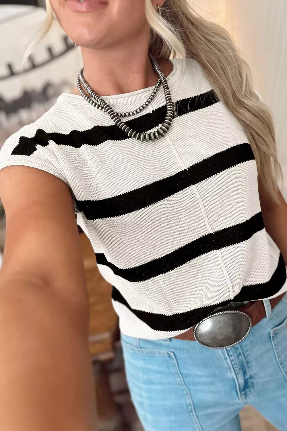 Stripe Knit Western Short Sleeve Sweater