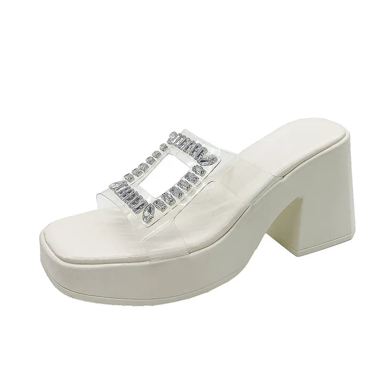Rhinestone Open Toe Block Heels Sandals