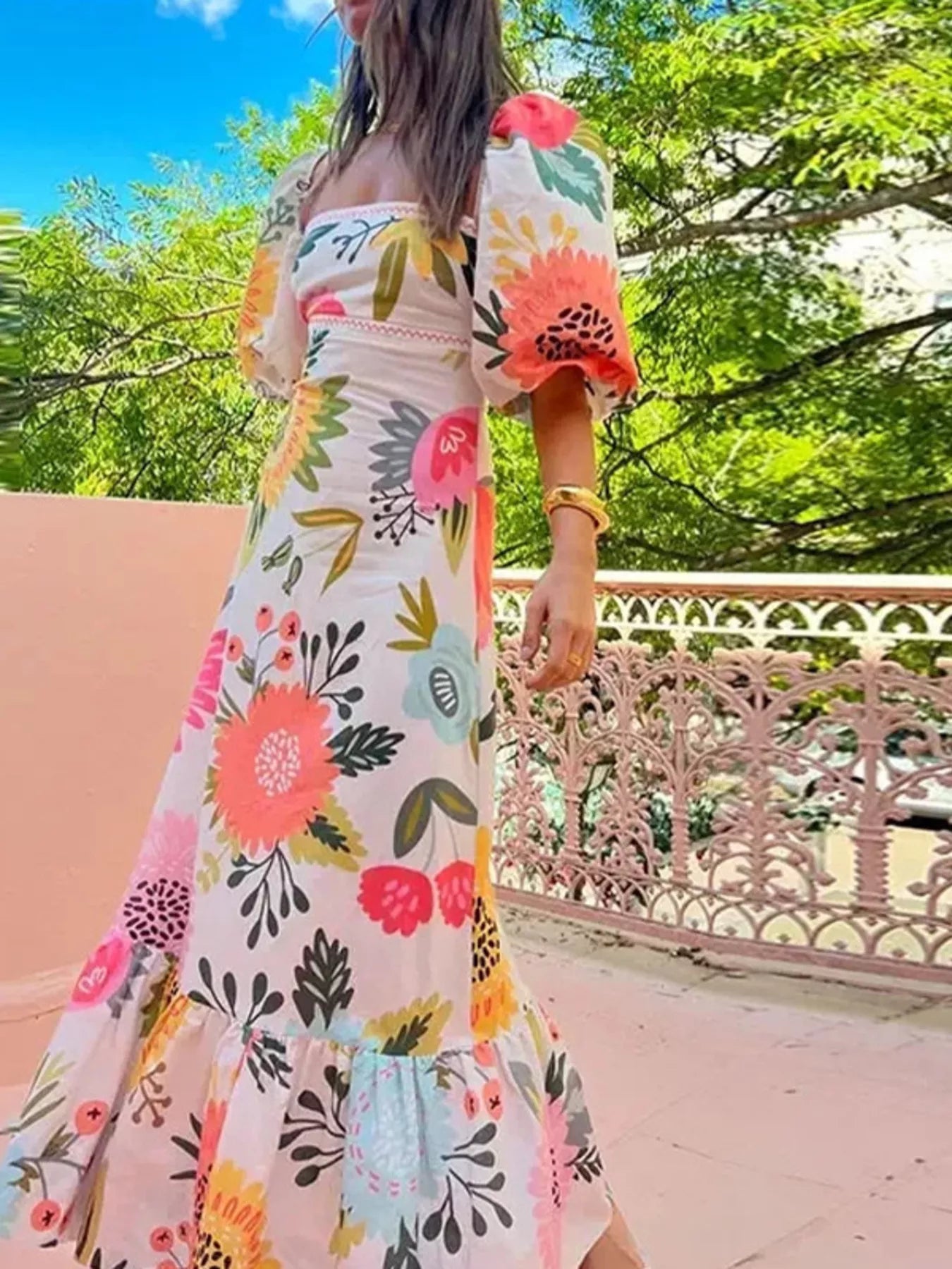 Full Size Floral Print Puff Sleeve Maxi Dress Plus Size