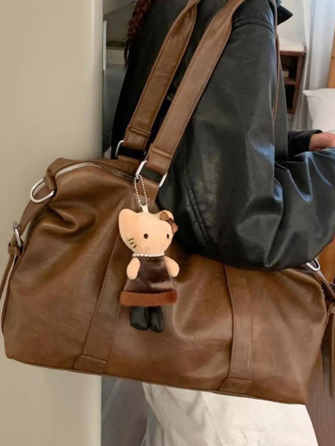 Leather Shoulder Bag with Charm