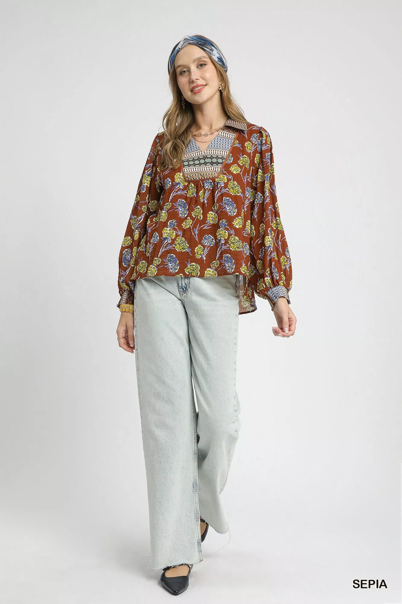 Umgee Floral Print Collar Blouse