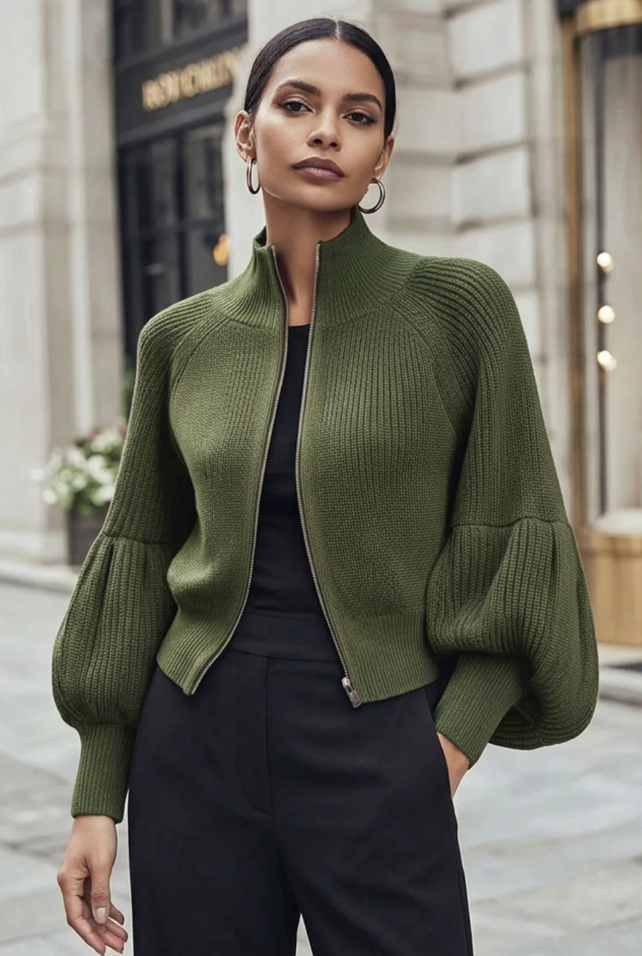 Women's Textured Open-Front Lantern-Sleeve Cardigan