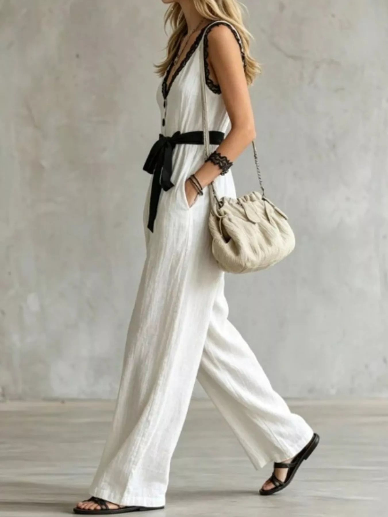 Lace Trim Sleeveless Wide Leg Jumpsuit