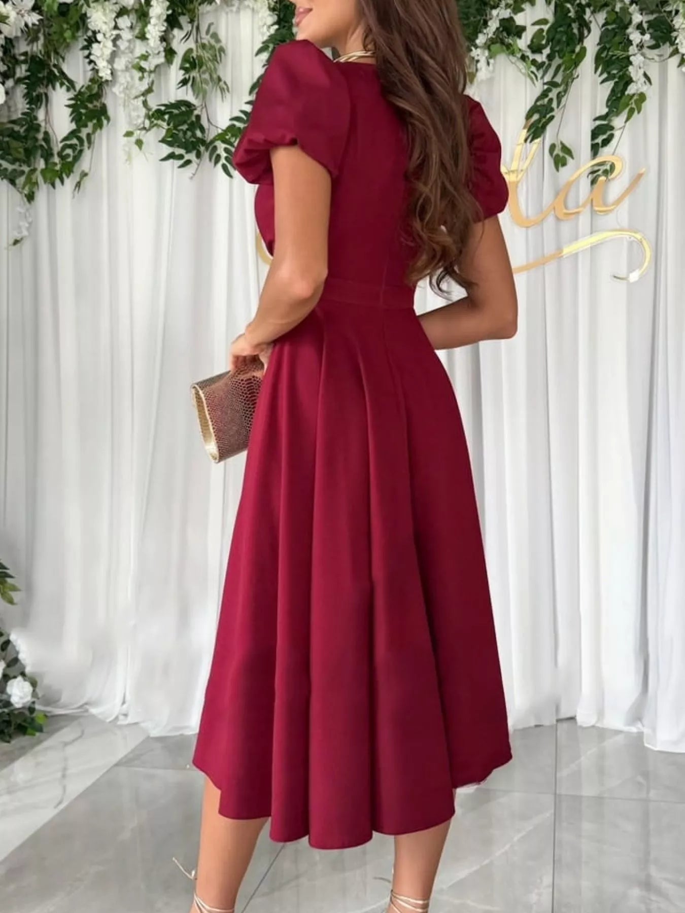 Surplice Puff Sleeve Midi Dress