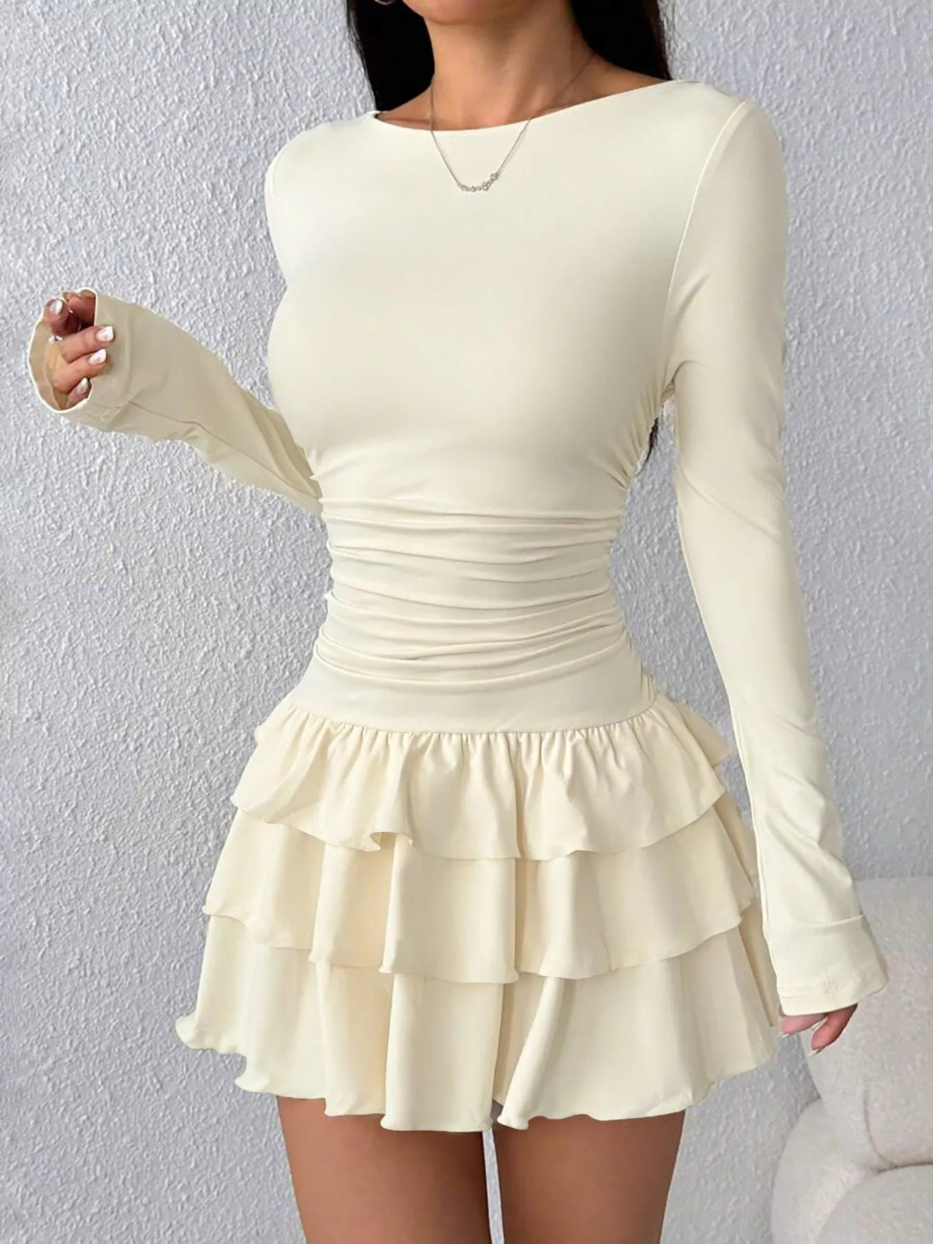 Ruched Long Sleeve Layered Ruffle Mini Dress