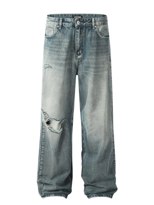 Men's Distressed Wide Leg Vintage Wash Jeans