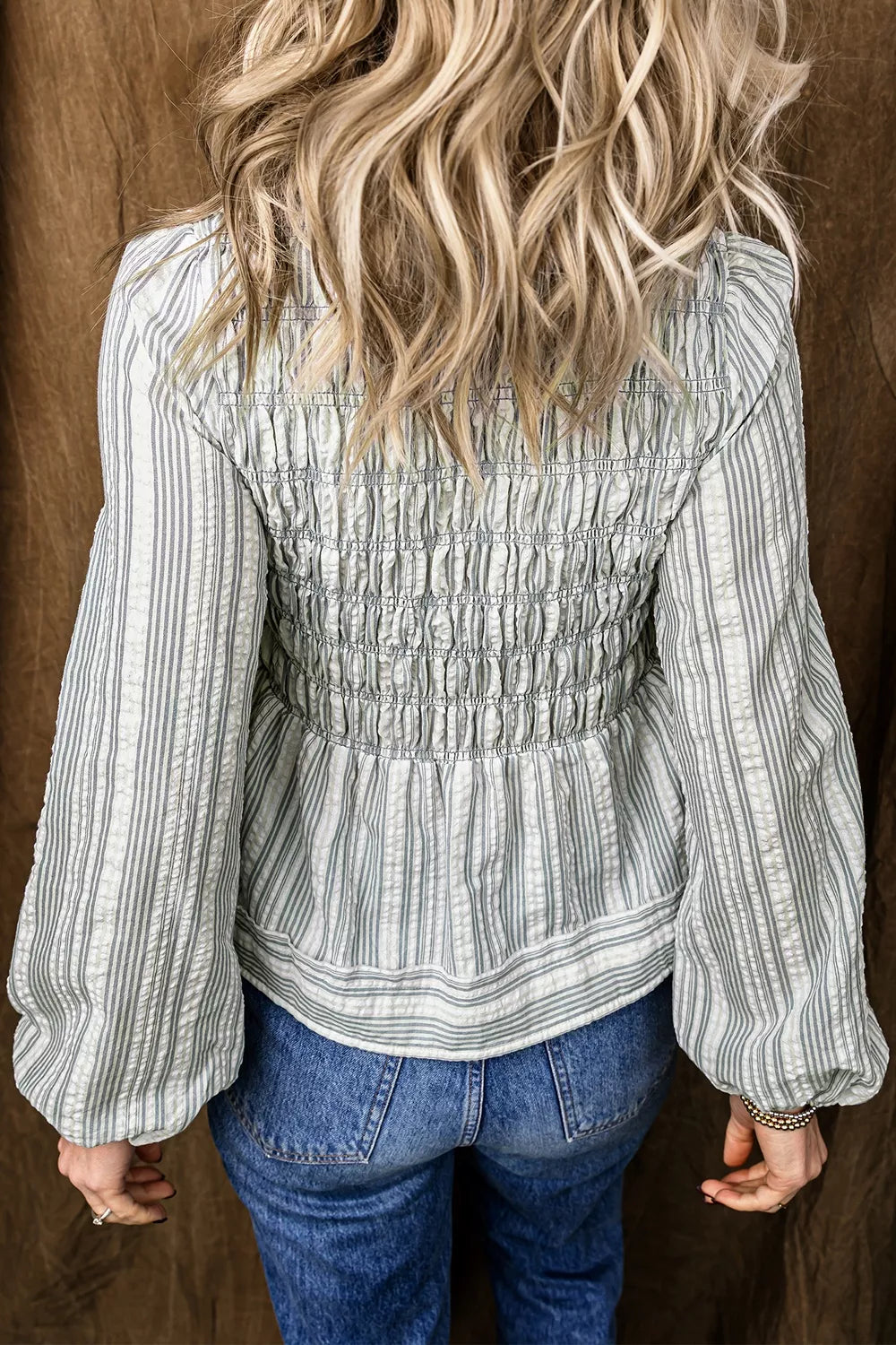 Stripe V Neck Shirred Long Sleeve Blouse