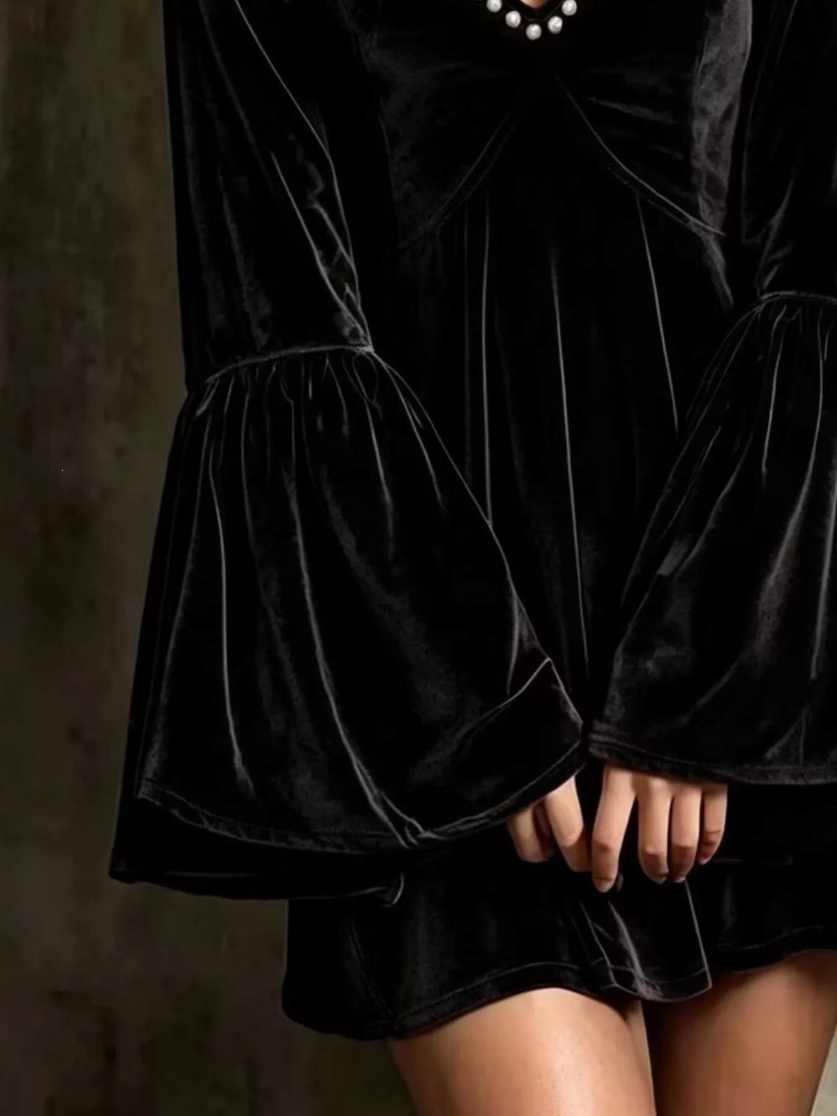 Full Size Velvet Bell-Sleeve Mini Dress with Pearl Embellished V-Neck Plus Size