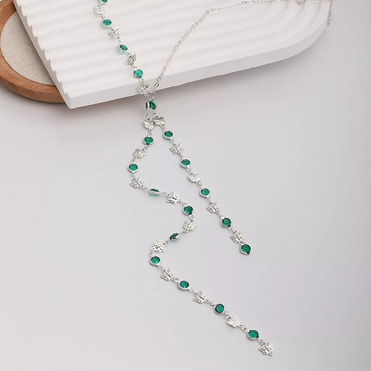 Rhinestone Butterfly Tassel Y‑Shape Lariat Necklace