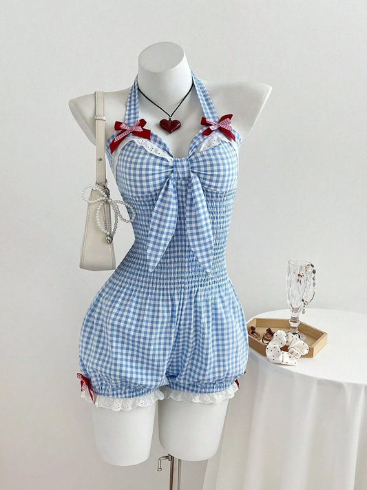 Gingham Bowknot Halter Neck Romper