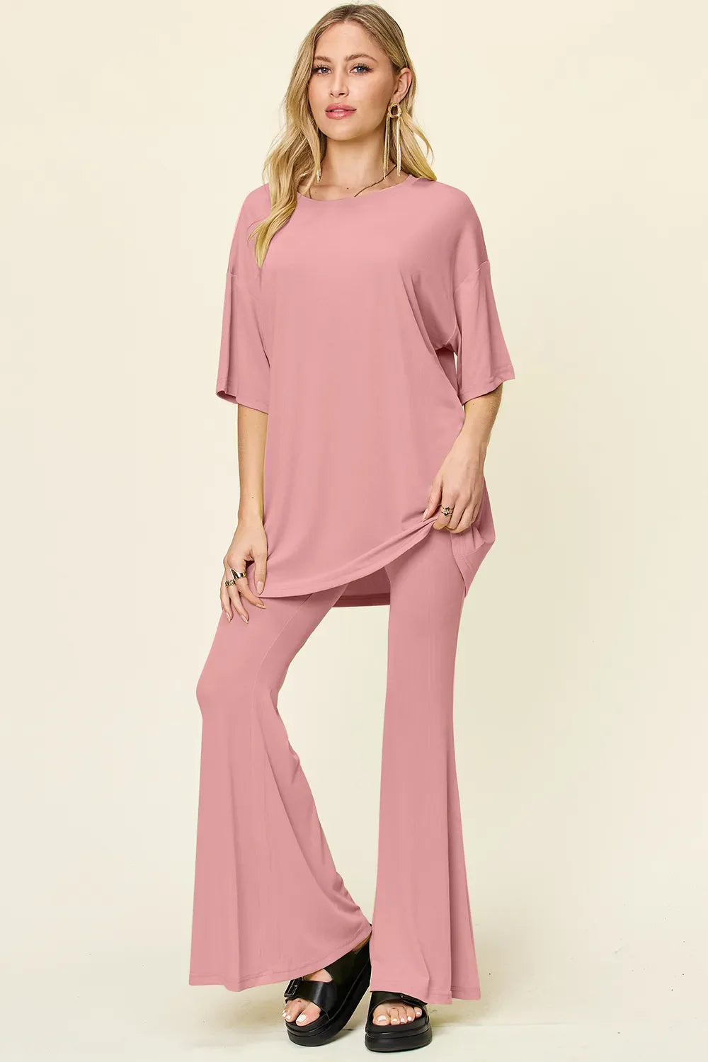 Double Take Full Size Round Neck Drop Shoulder T-Shirt and Flare Pants Set