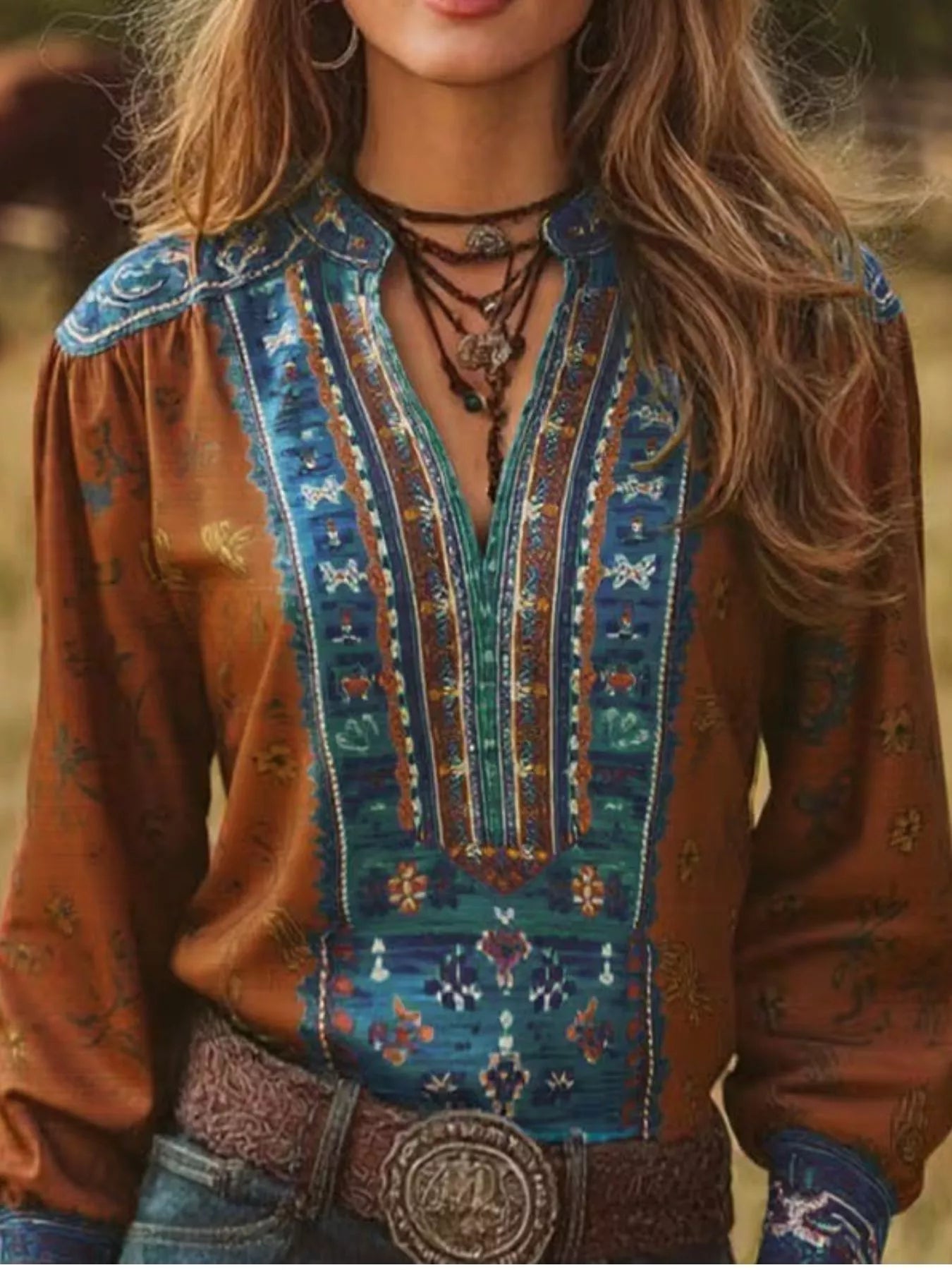 Printed Notched Long Sleeve Blouse