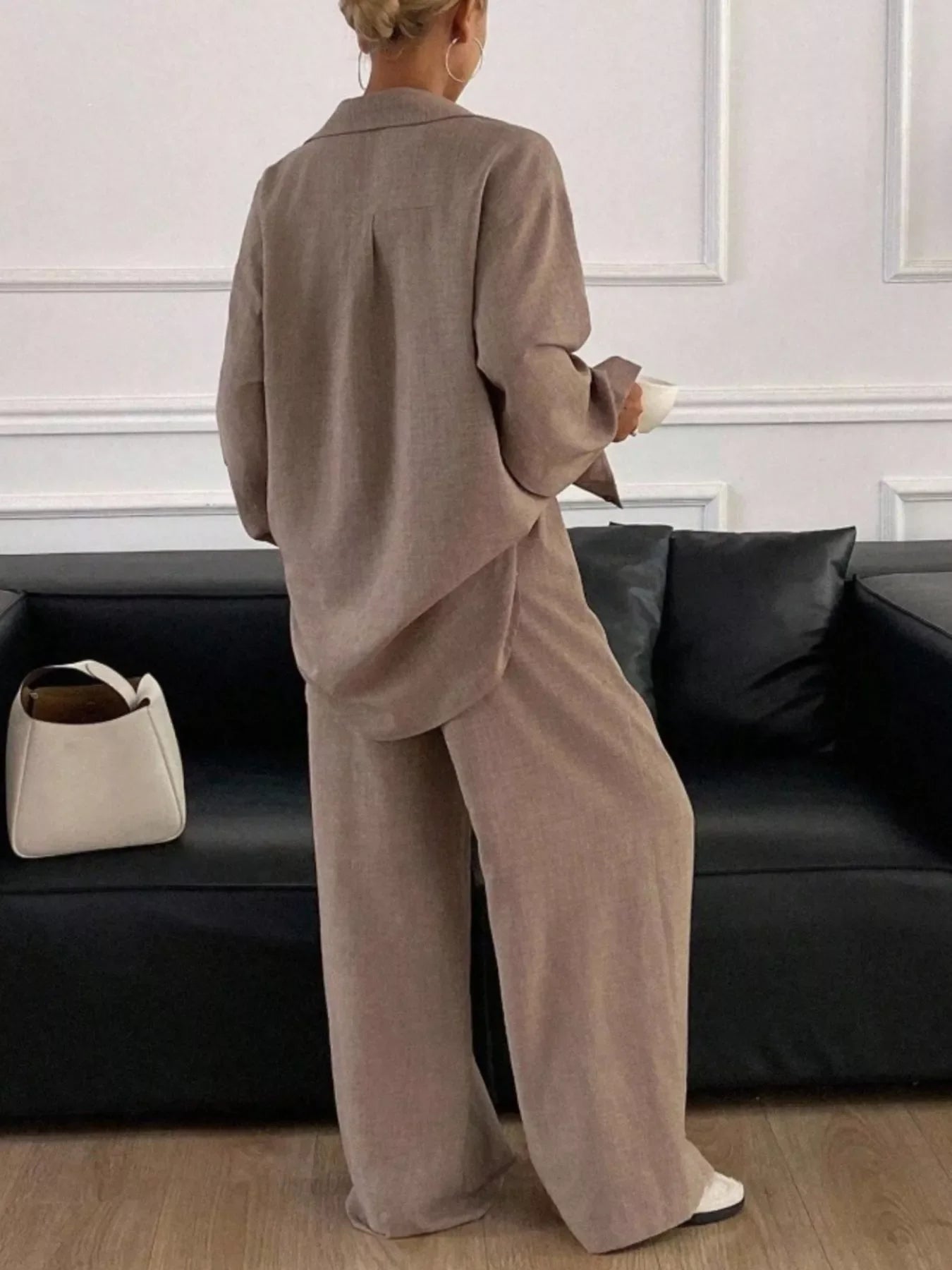 Button Up Long Sleeve Shirt and Wide Leg Pants Set