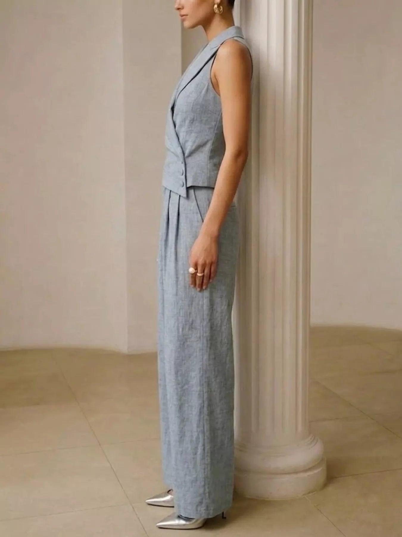 Full Size Sleeveless Blazer and Wide-Leg Pants Set Plus Size