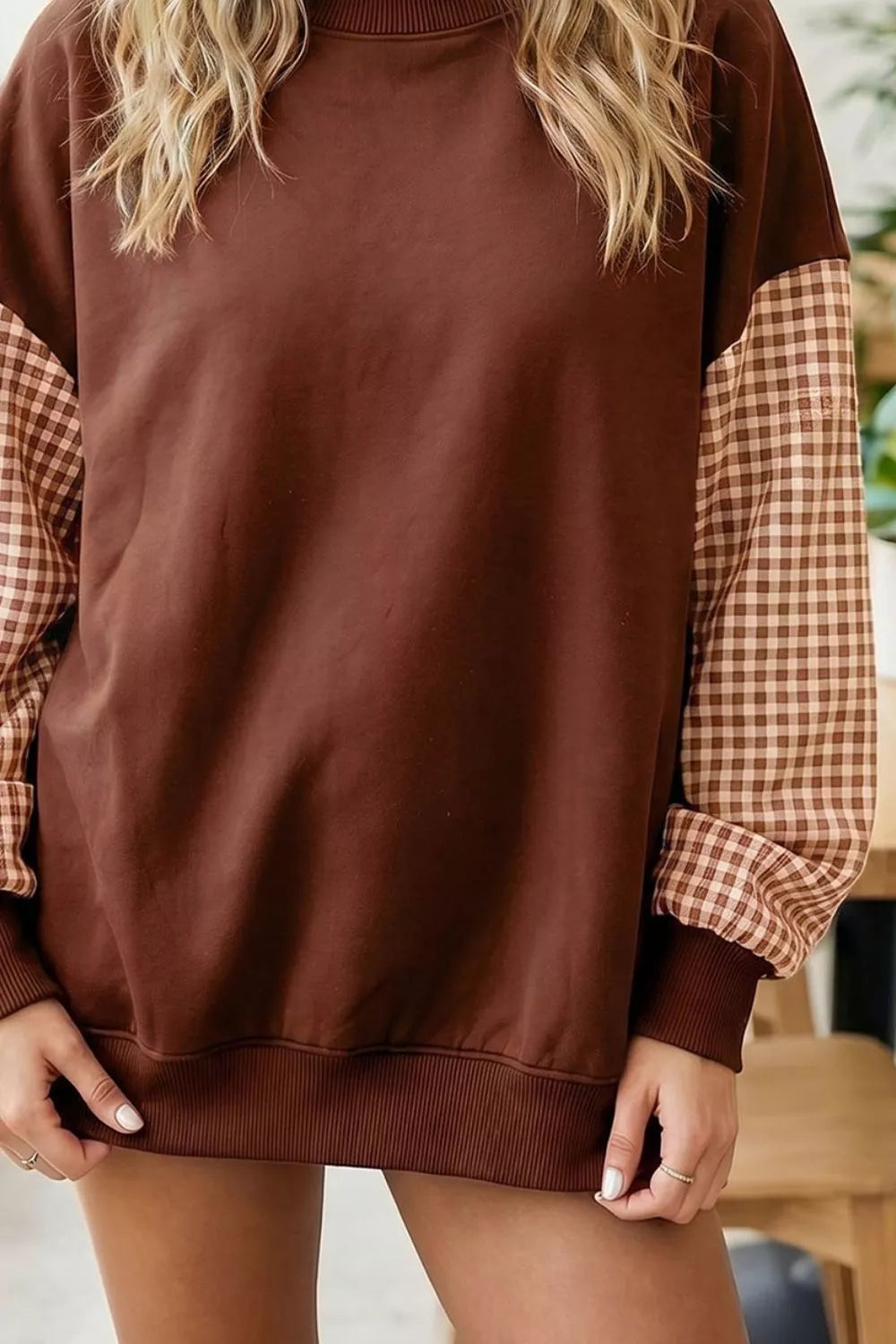 Plaid Sleeve Colorblock Loose Tunic Sweatshirt