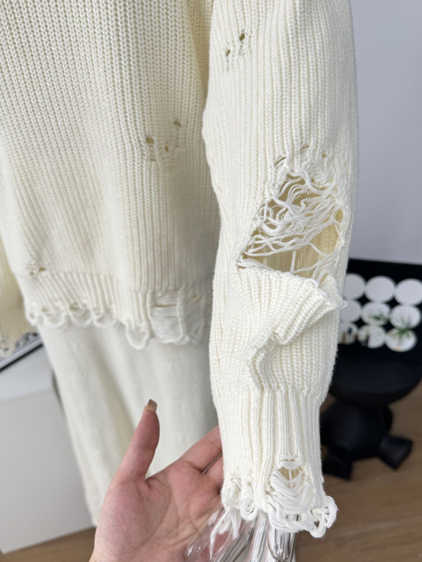 Distressed Long Sleeve Sweater and Skirt Set