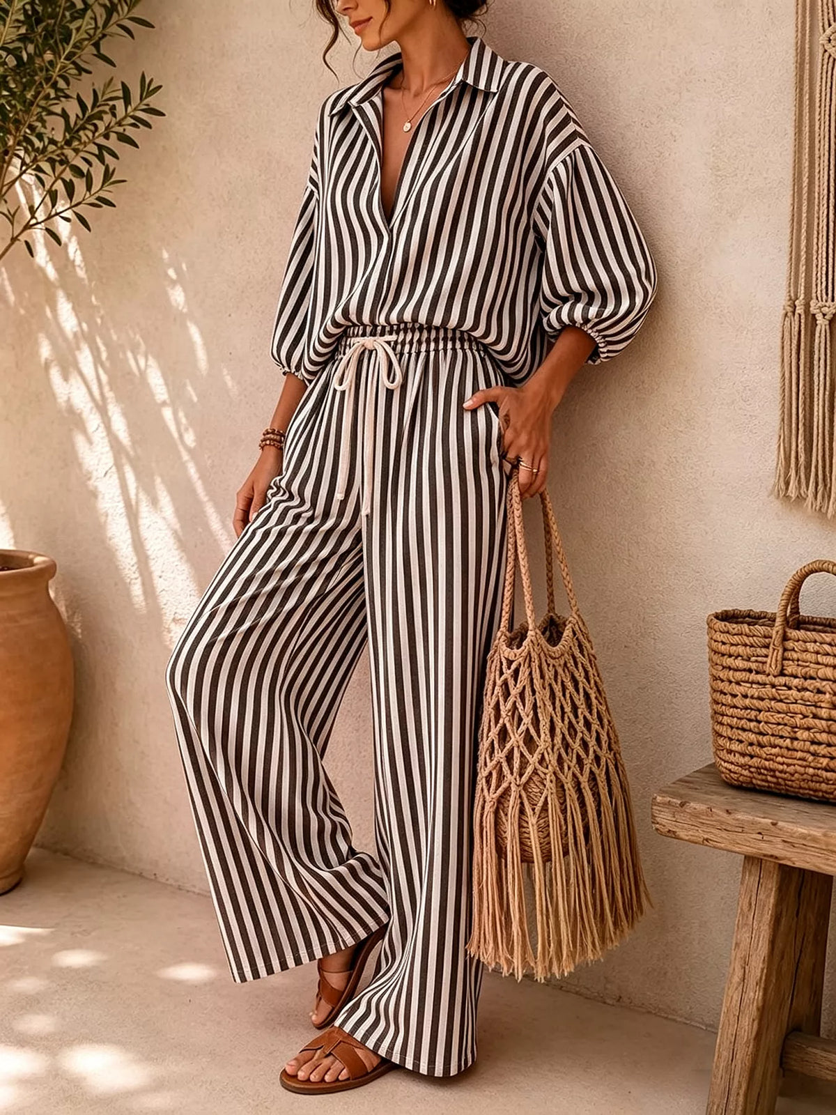 Striped Collared Shirt and Wide-Leg Drawstring Pants Set