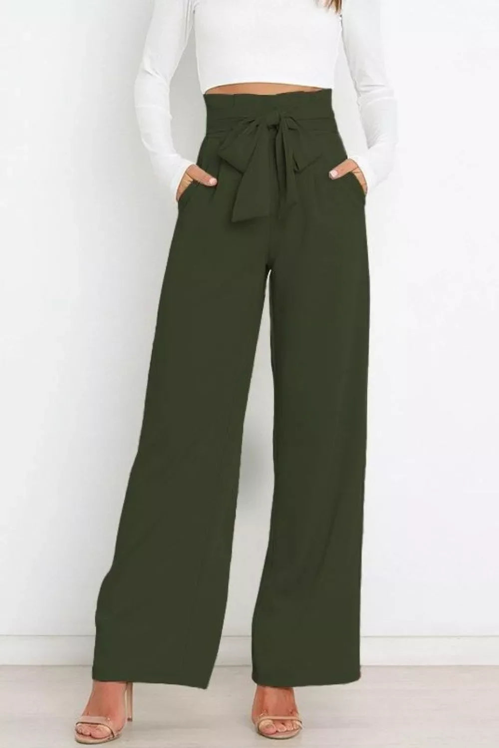 High Waist Tie Front Wide Leg Pants
