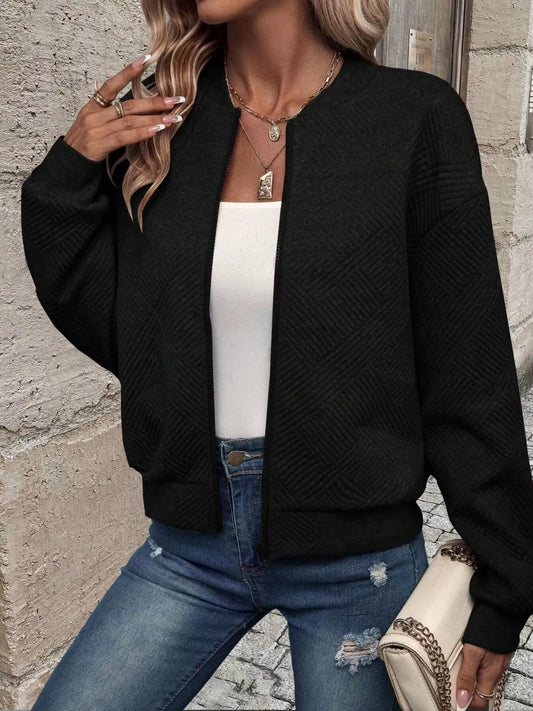 Full Size Zip Up Long Sleeve Textured Jacket Plus Size
