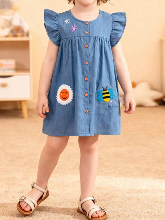 Children's Button Front Ruffle Sleeve· Denim Dress
