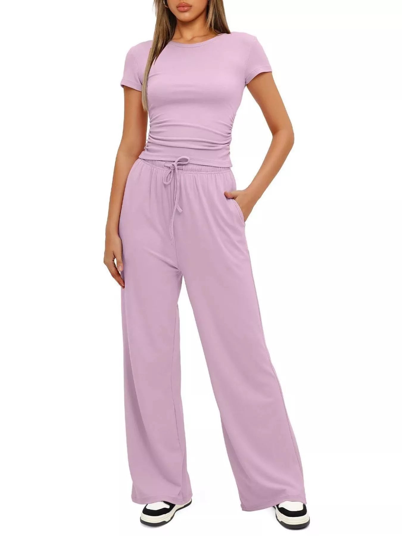 Round Neck Short Sleeve Top and Pants Set
