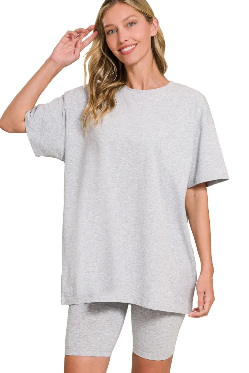 Zenana Cotton Round Neck Top & Biker Shorts