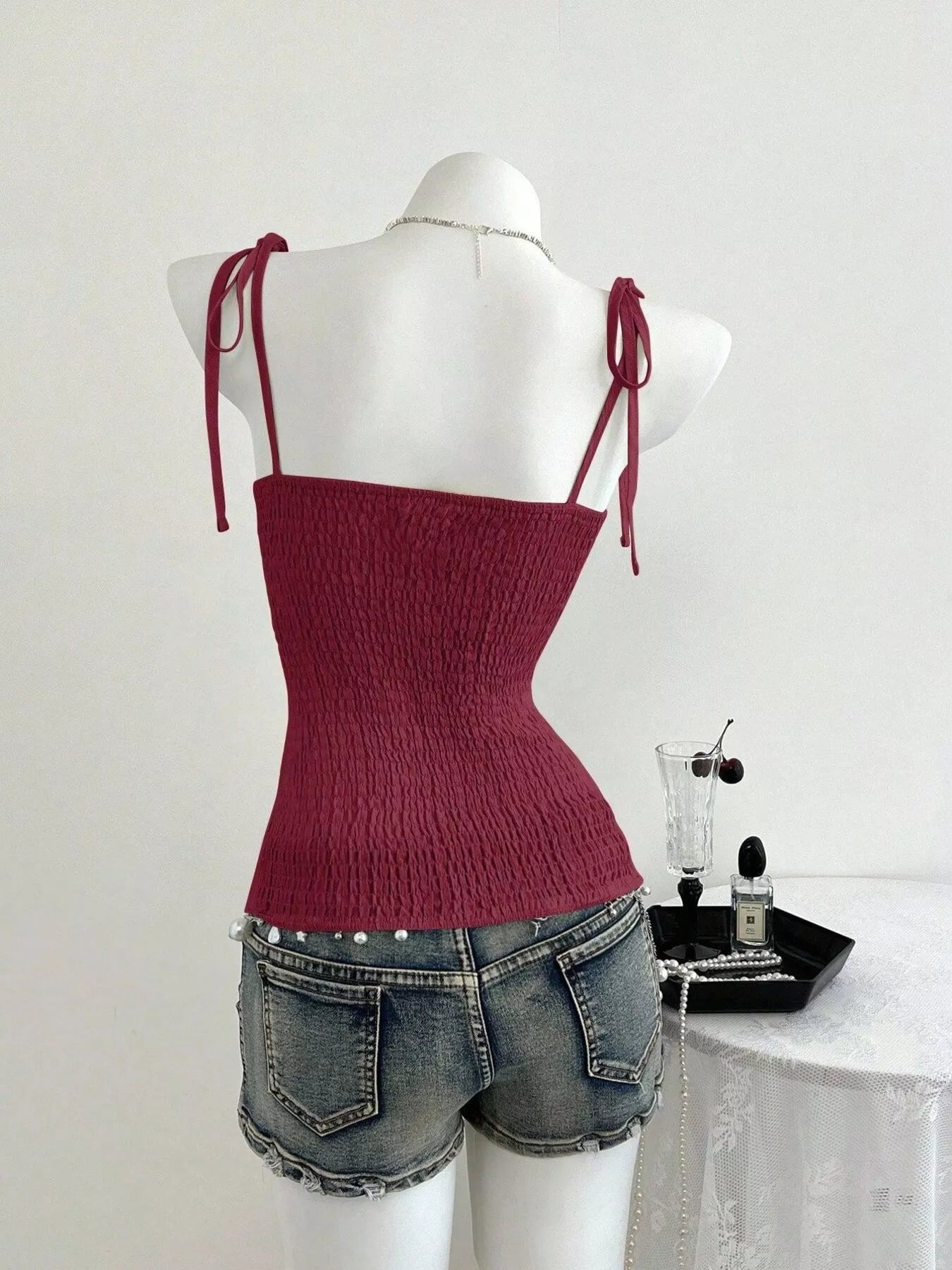 Lace-Trimmed Tie Shoulder Cami