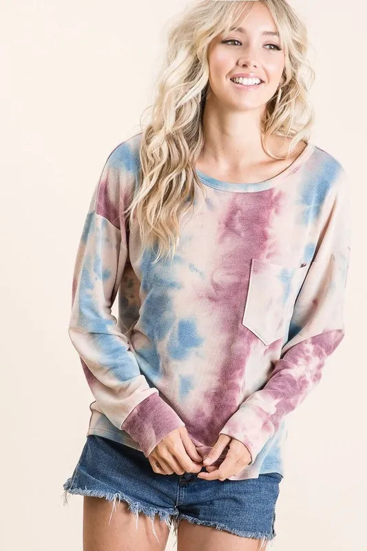 BiBi Tie Dye Print Terry Top With Front Patch Pocket