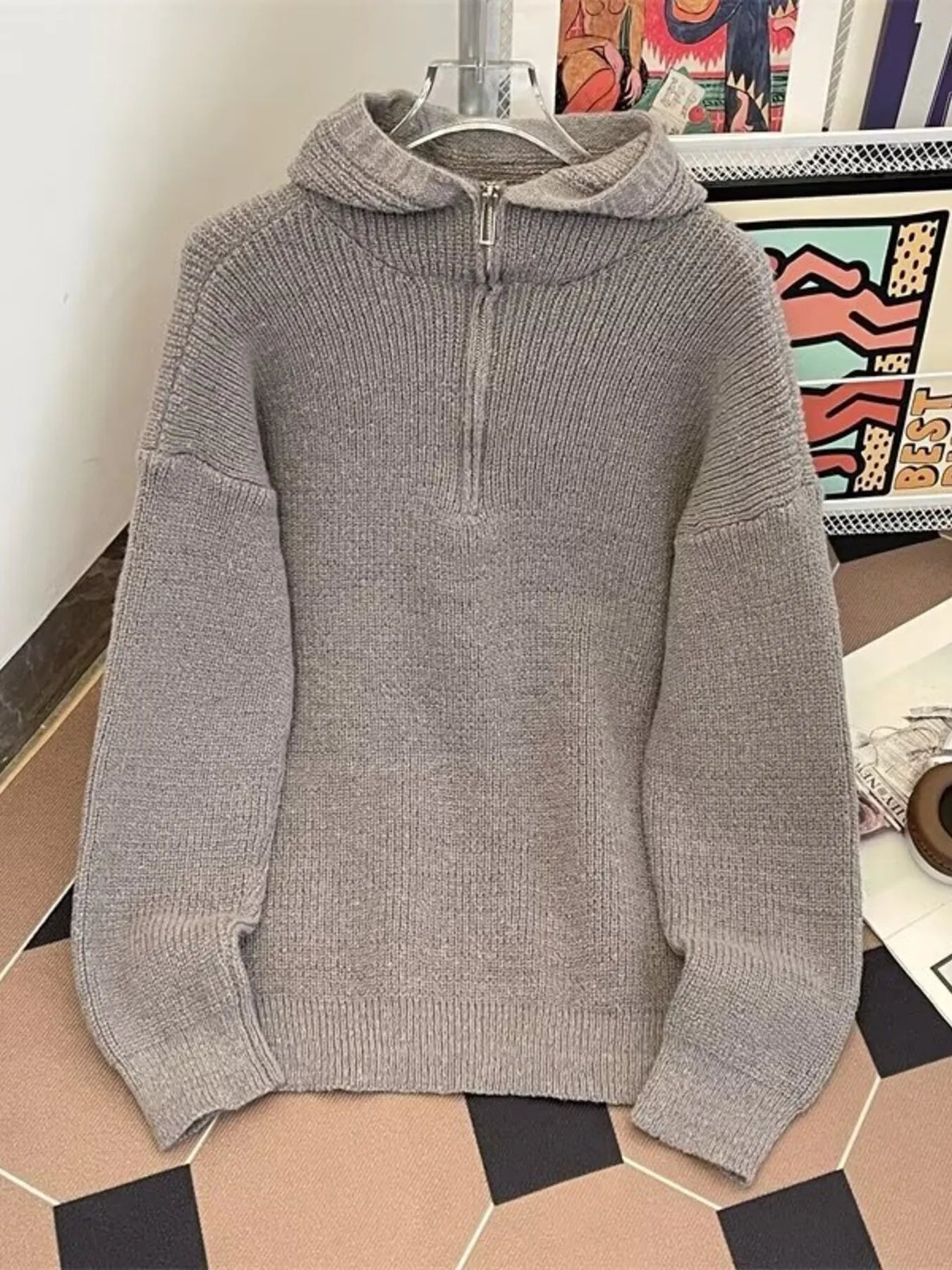 Men's Hooded Half Zip Knit Sweater