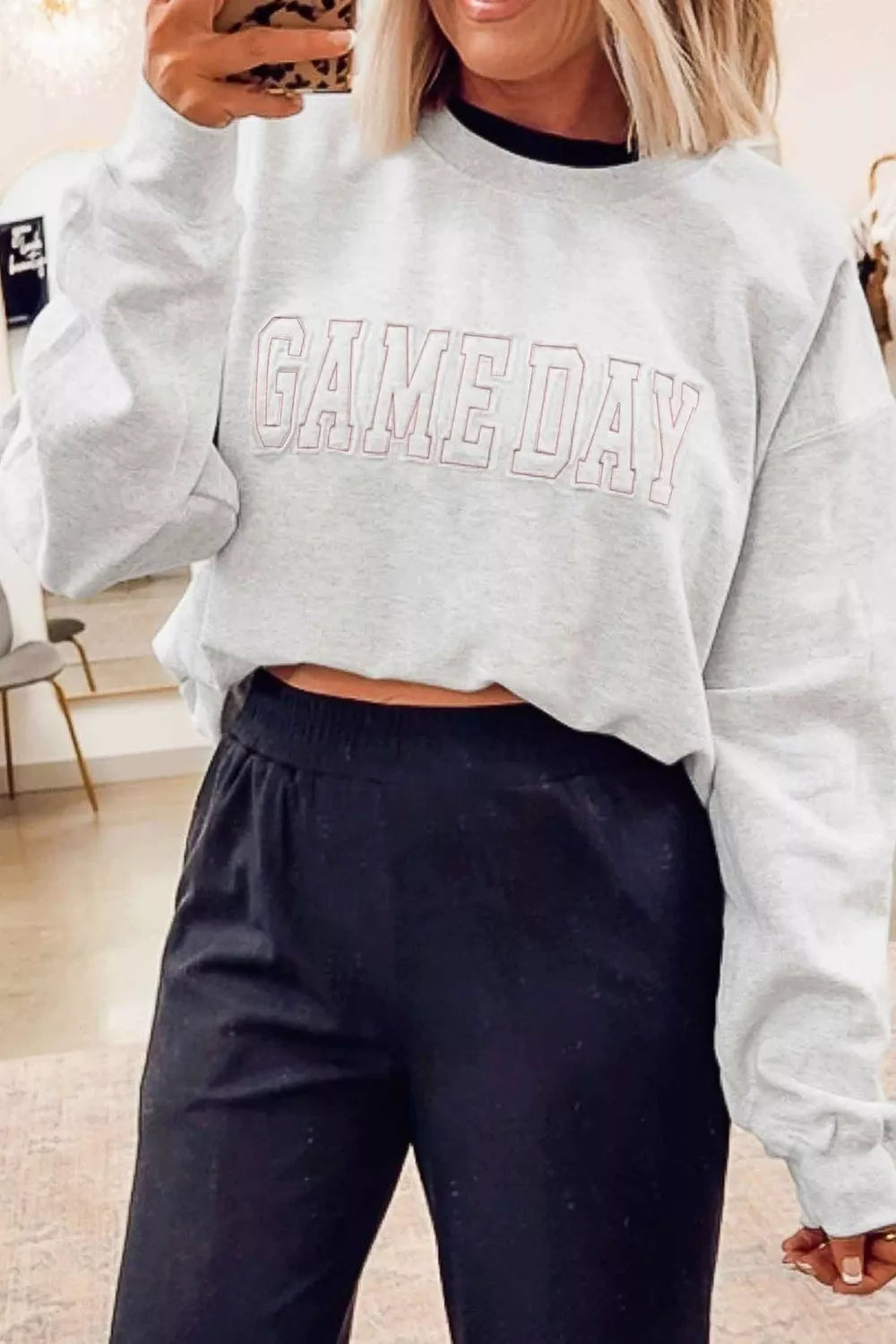 Game Day Letter Embroidery Long Sleeve Round Neck Sweatshirt