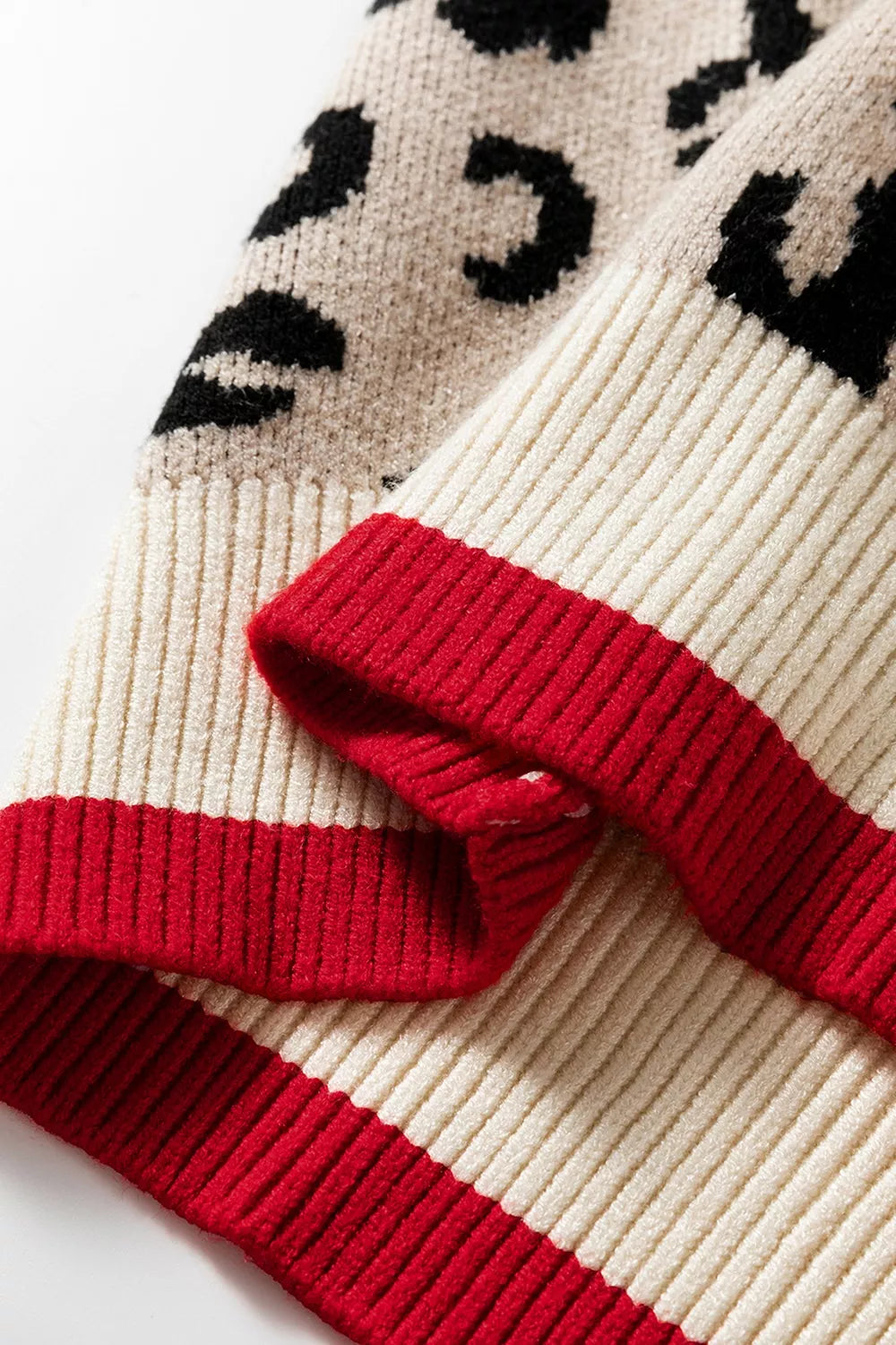 Leopard Pattern V-Neck Contrast Rib Knitted Sweater