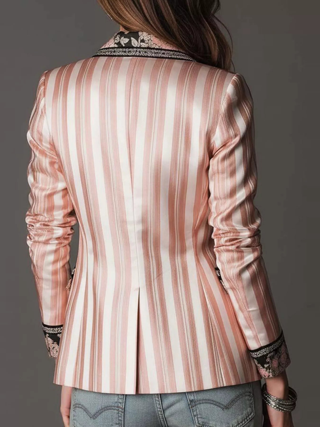 Floral Lapel Collar Striped Blazer