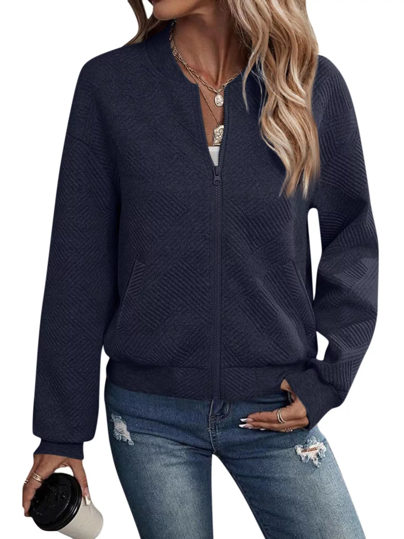 Textured Knit Zip-Up Jacket