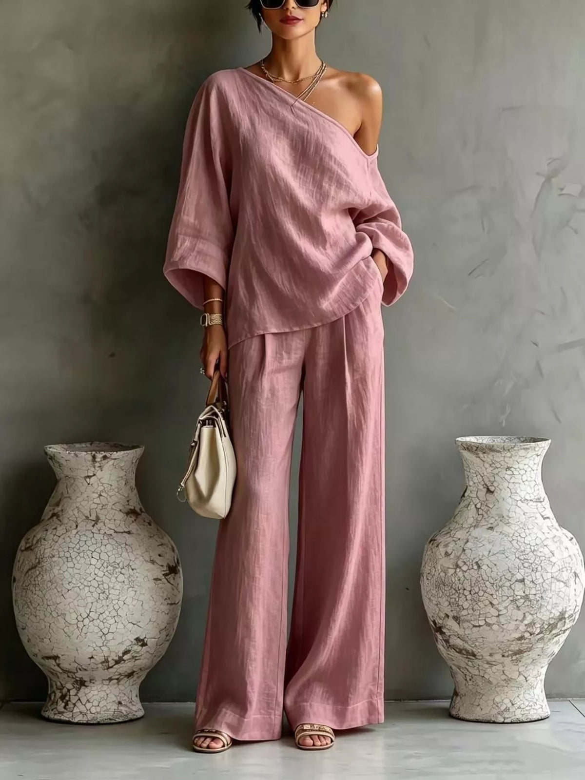 One Shoulder Top and Wide Leg Pants Set