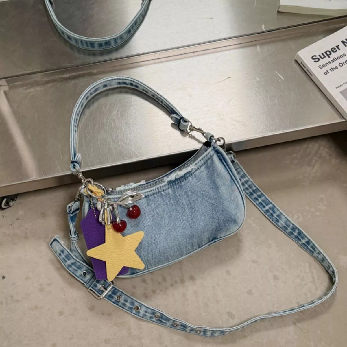 Star Charm Denim Shoulder Bag
