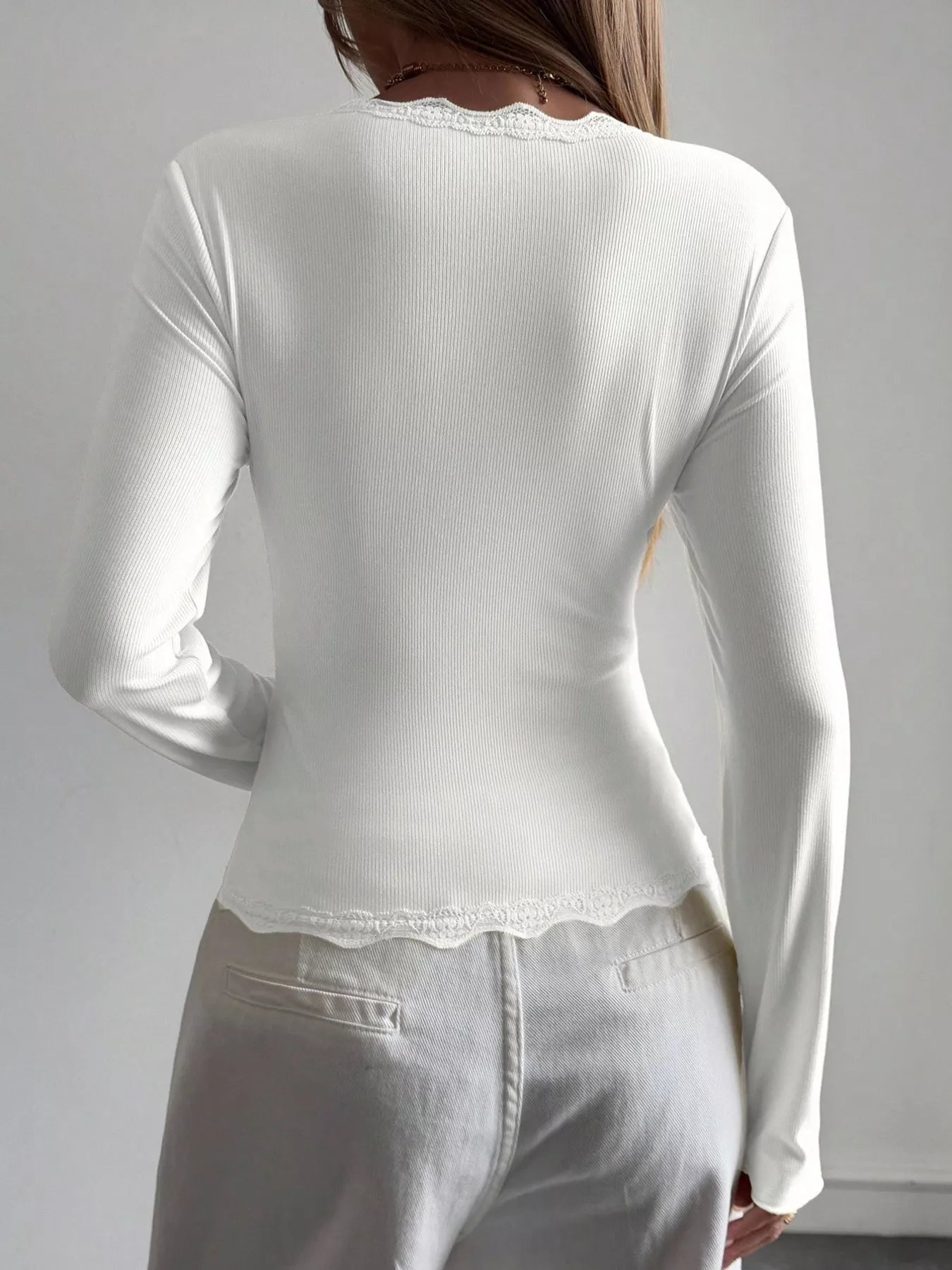 Lace Trim V-Neck Ribbed Long Sleeve Blouse