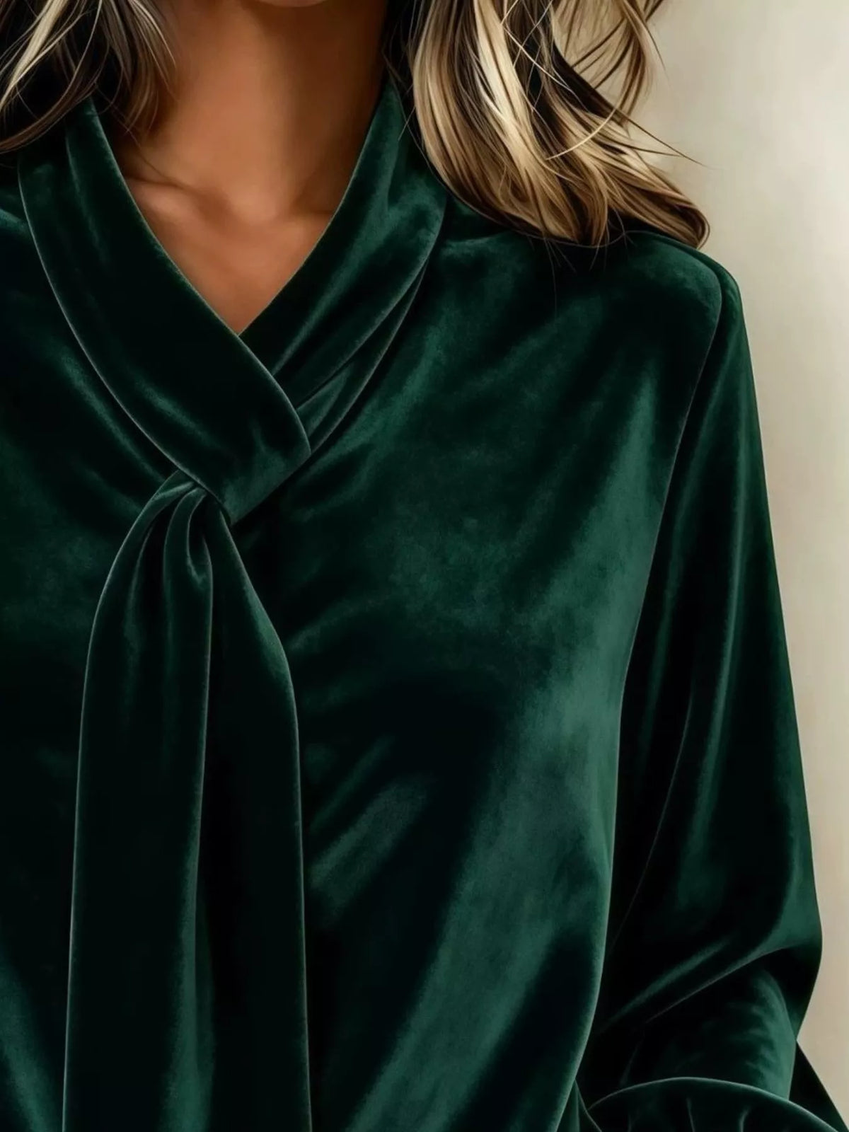 Full Size Velvet Tie-Neck Long Sleeve Top Plus Size