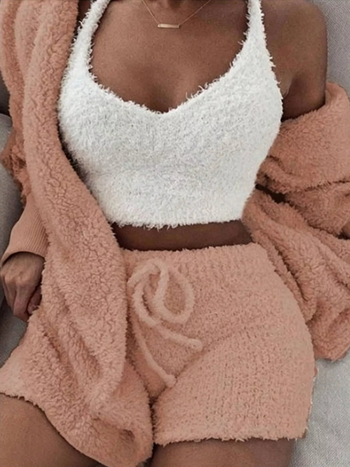 Full Size 3-Piece Fuzzy Plush Cardigan and Shorts Lounge Set with Crop Top Plus Size