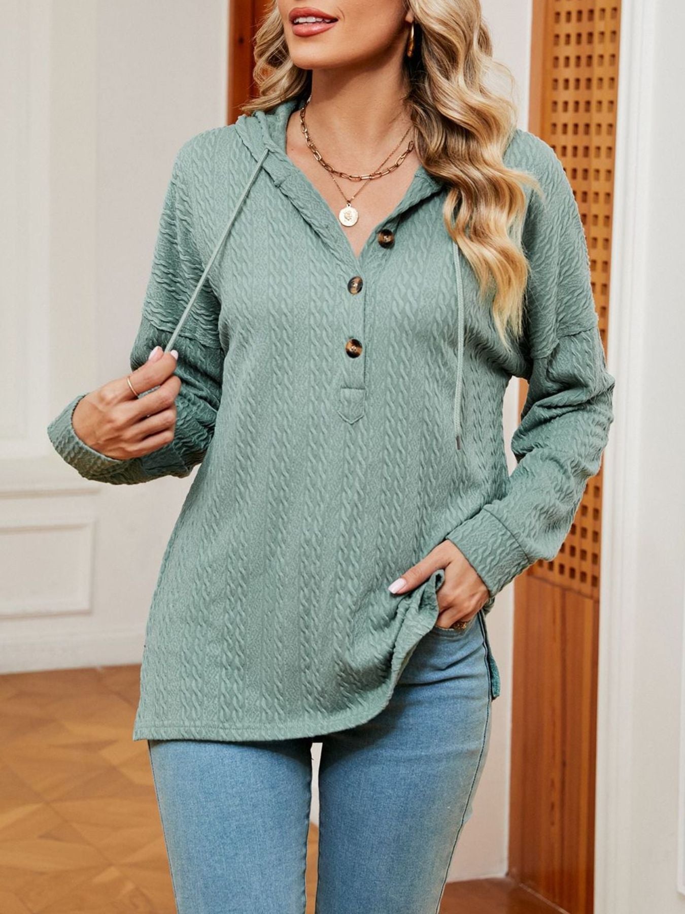 Textured Knit Button Detail Hoodie