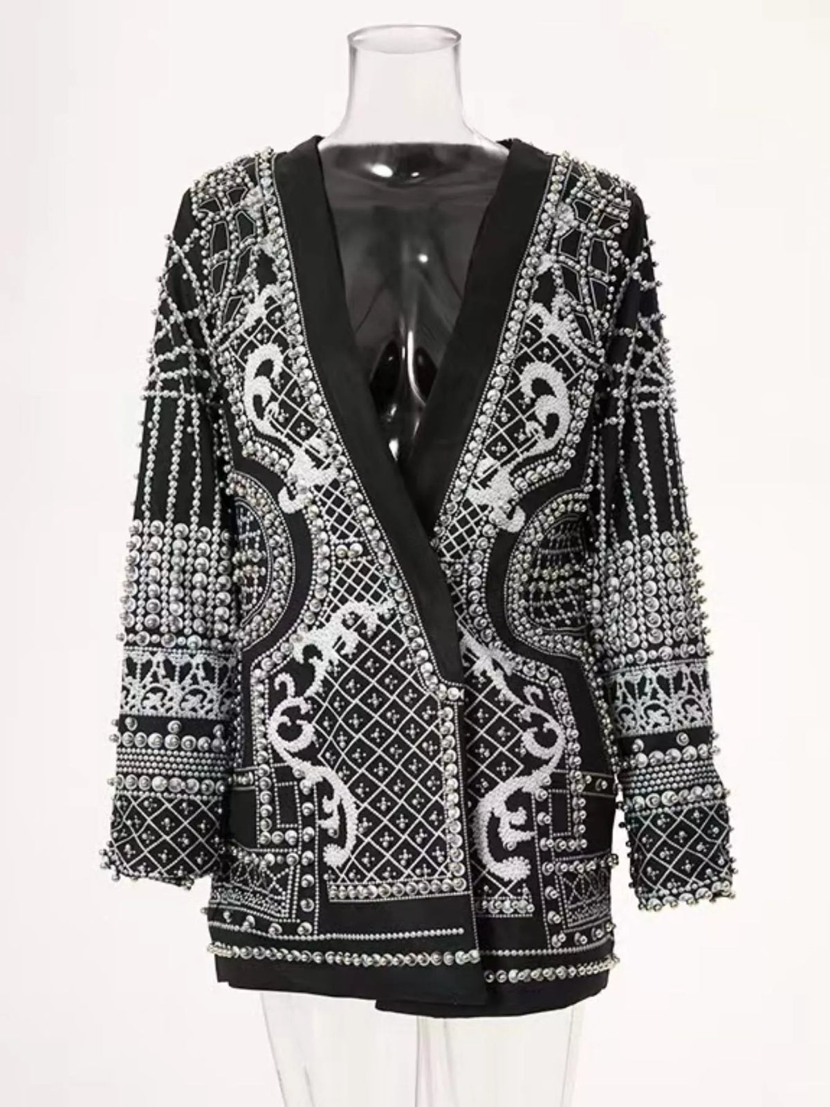 Full Size Embellished Pearl One-Button Blazer Plus Size