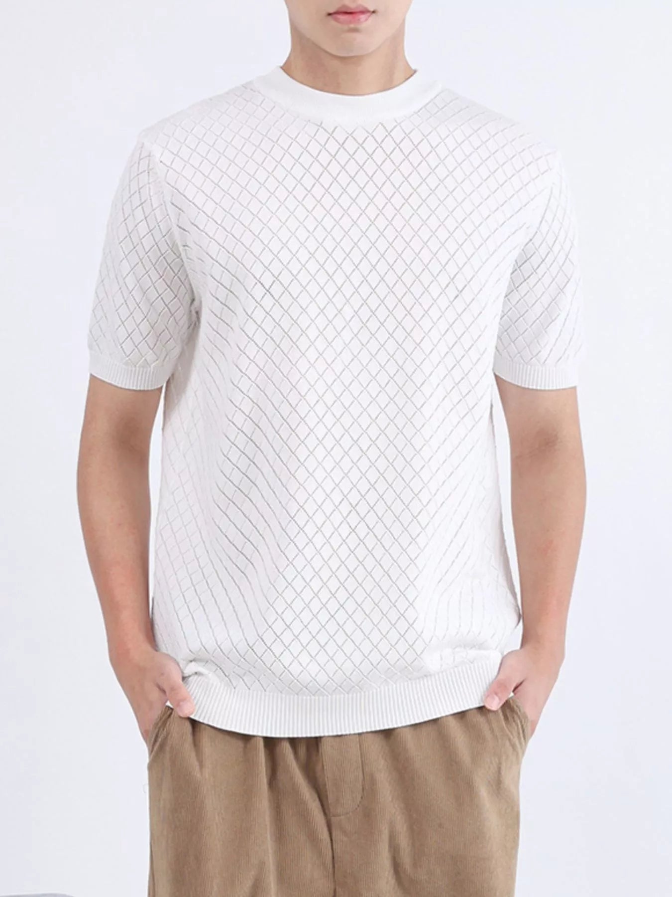 Men's Plus Size Diamond Pattern Knitted Short Sleeve T-Shirt