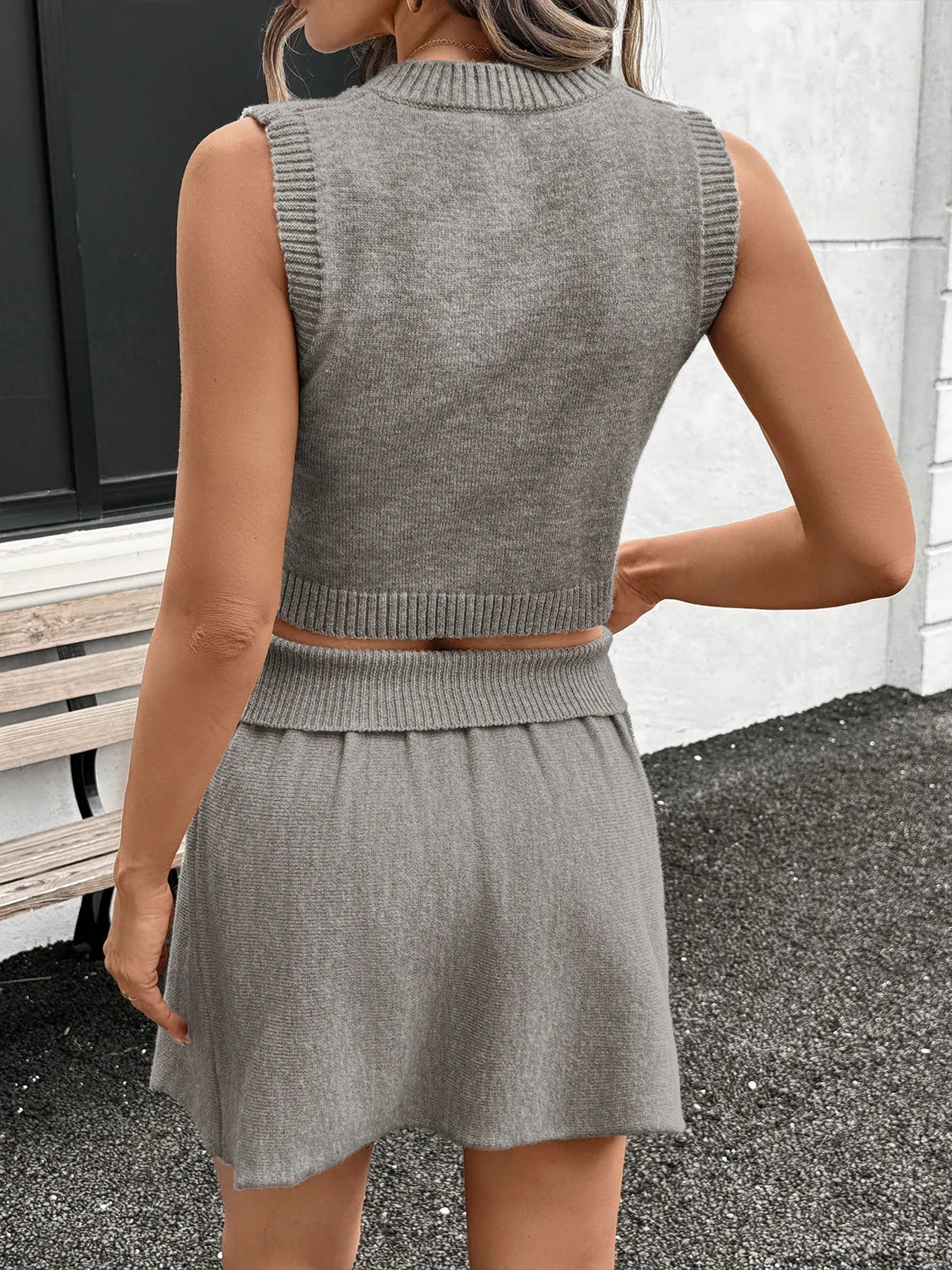 V-Neck Vest and Skirt Knit Set