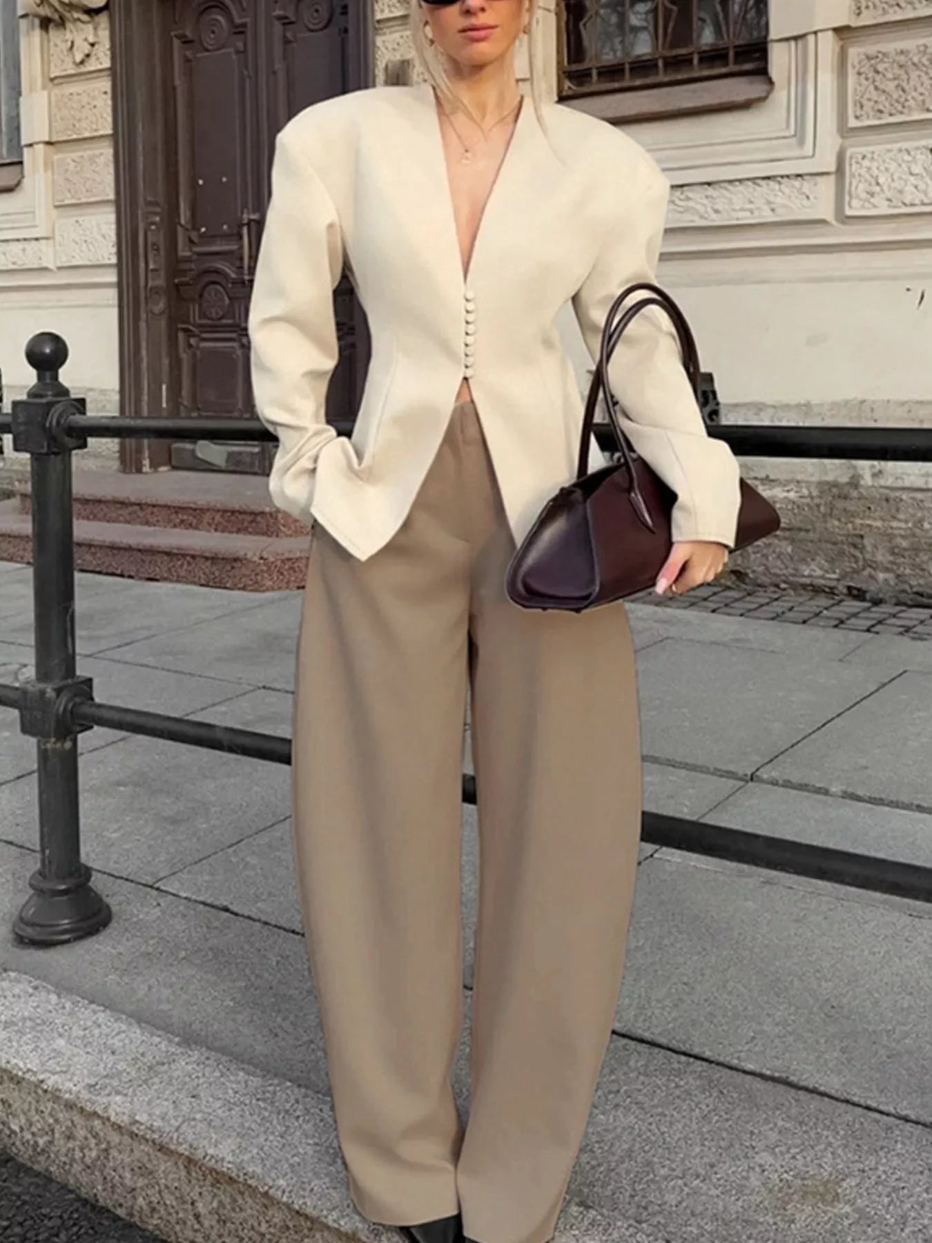 V-Neck Button-Up Blazer with Structured Shoulders