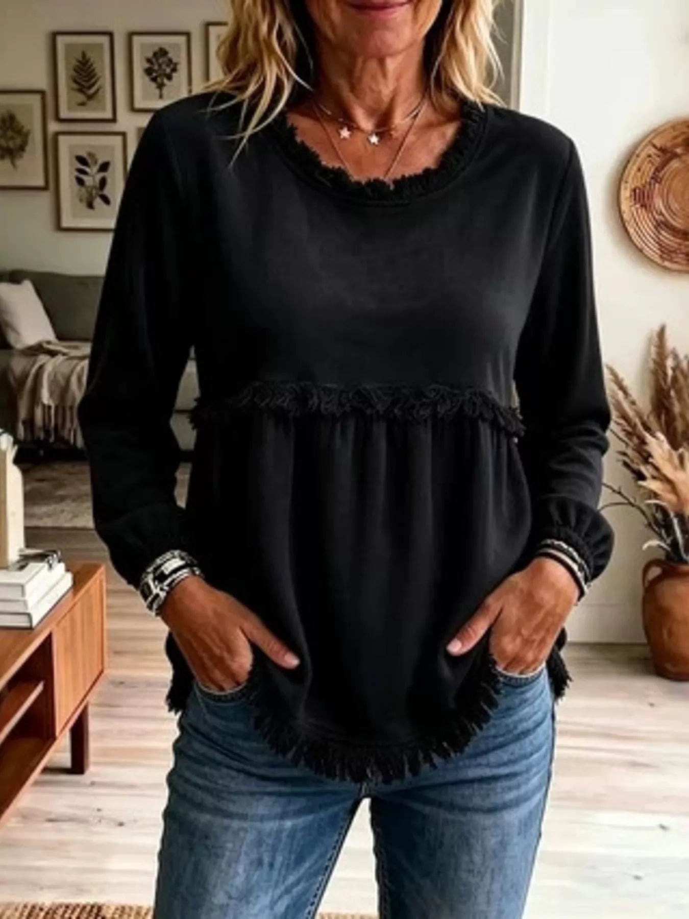 Fringed Hem Long Sleeve T-Shirt