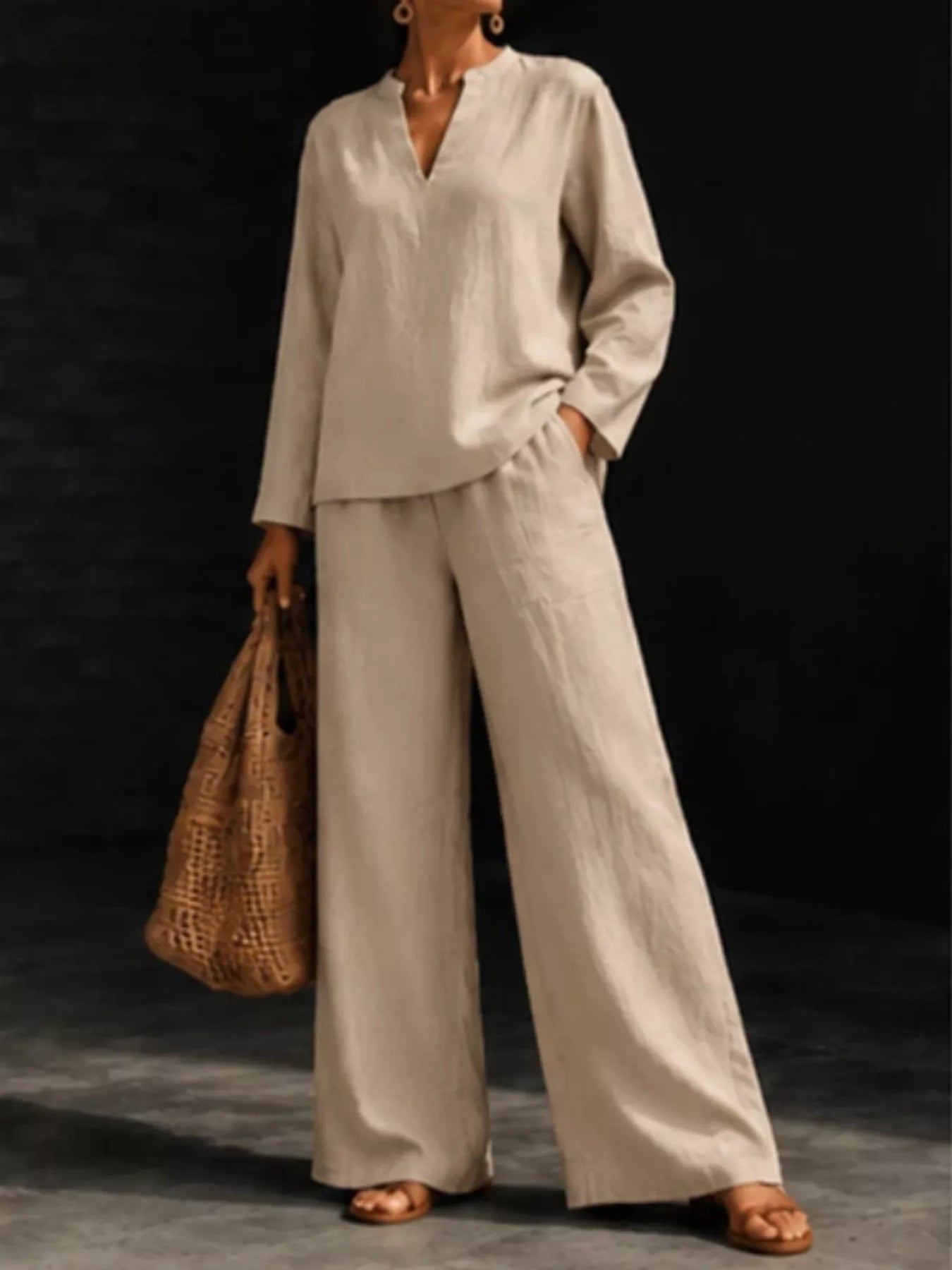 Notched Long Sleeve Top and Pants Set